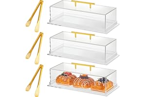 FoldTier 3 Pcs Acrylic Bakery Pastry Display Case with 9'' Serving Tong 14"x6"x4" Rectangular Clear Acrylic Serving Tray Dessert Cake Tray with Lid for Party Banquets