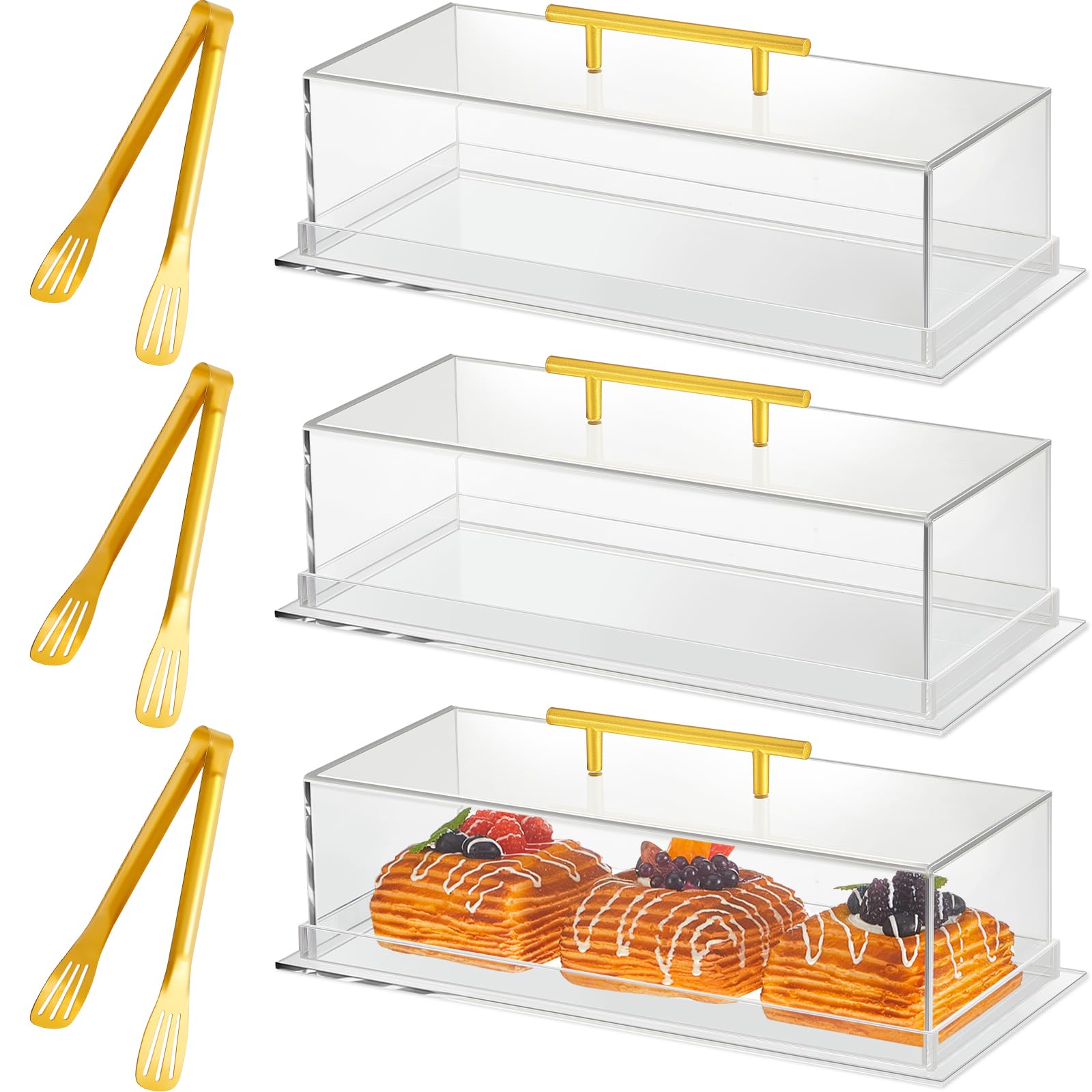 Photo 1 of FoldTier 3 Pcs Acrylic Bakery Pastry Display Case with 9'' Serving Tong 14"x6"x4" Rectangular Clear Acrylic Serving Tray Dessert Cake Tray with Lid for Party Banquets