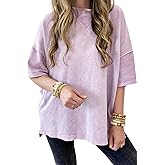 KevaMolly Womens Oversized Tshirts Tops Short Sleeve Mineral Wash Exposed Seam Drop Shoulder Tee Casual Solid Tshirt