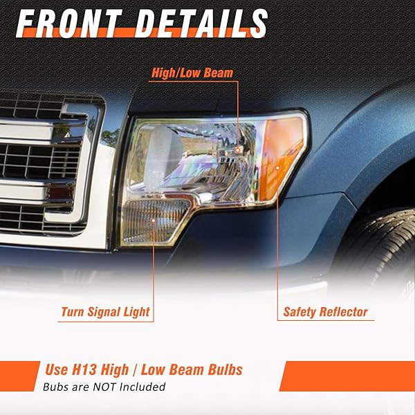 AXLAHA HEADLIGHT ASSEMBLY COMPATIBLE WITH 2009-2014 FORD F150 OE STYLE PICKUP DIRECT REPLACEMENT HEADLAMP WITH CHROME HOUSING AMBER REFLECTOR CLEAR LENS DRIVER AND PASSENGER SIDE