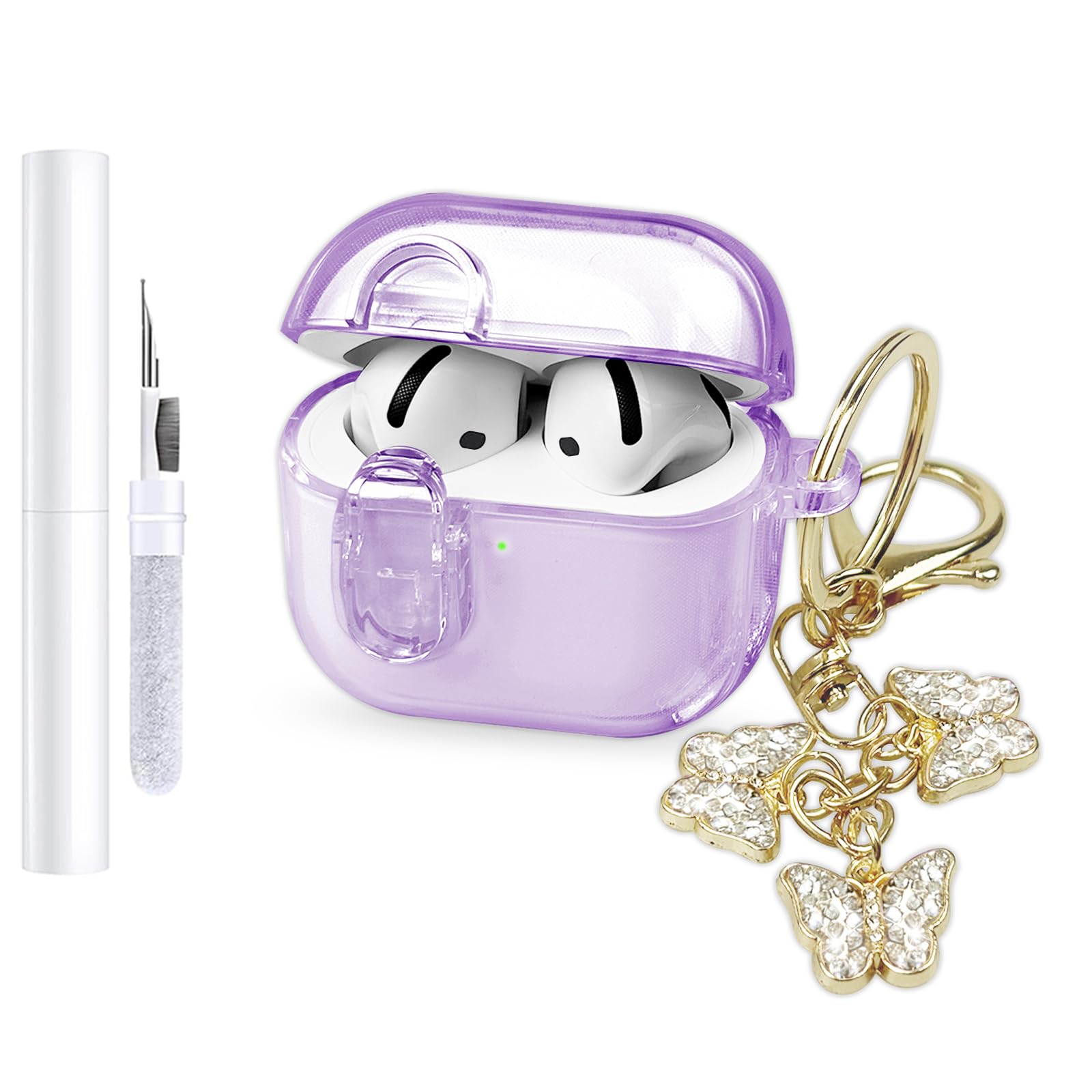 Photo 1 of (with Safety Lock) Clear Case Compatible with Apple Airpods 4 Case 2024, Soft TPU Airpods 4th Generation Case with Butterfly Keychain and Cleaning Kit for Airpods 4 Gen Women Girls (Purple)