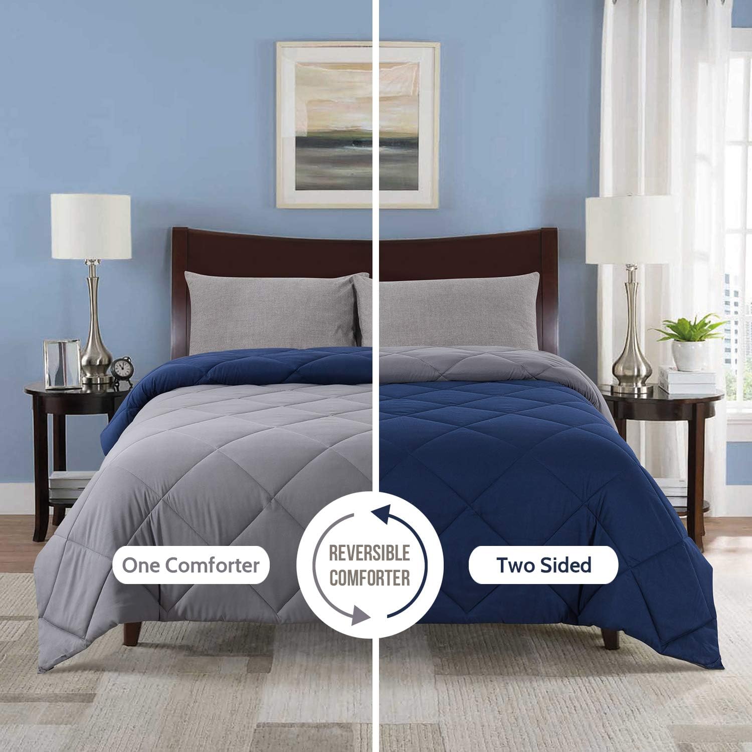 Cosybay Reversible Down Alternative Comforter Grey/Blue - Corner Duvet Tabs- Double Sided & Lighweight -All Season Duvet Insert-Stand Alone Comforter – Queen Size（88×92 Inch）: Kitchen & Dining