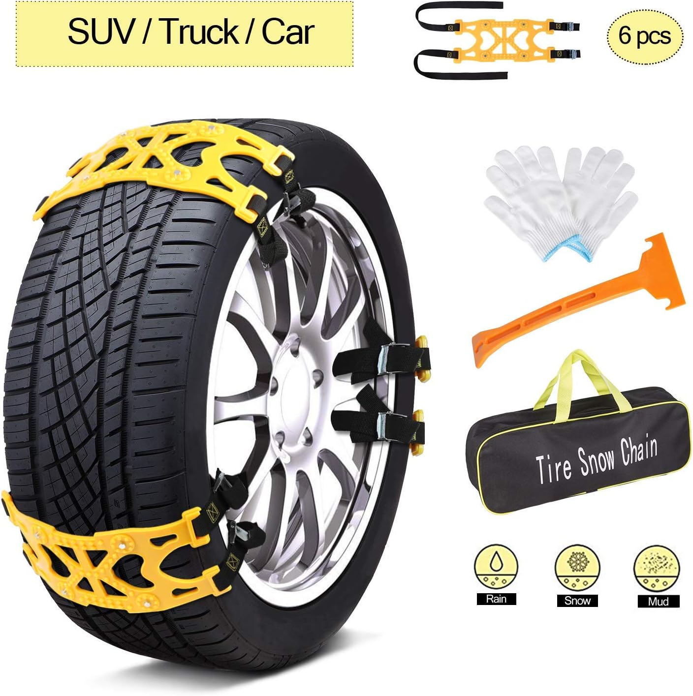 AUTMOR Car Snow Chains Emergency Anti Slip Snow Tire Chains for Most Cars/SUV/Trucks, Winter Universal Security Chains Tire Width 165mm-275mm/6.5-10.8'', Amazing Traction Thickening Durable 6pcs
