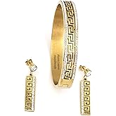 HANDMADE Fine Greek Jewelry SET Diamond Eternity Bangle Bracelet with Greek Meander Pierced Earrings Gold Greek Jewelry 18kt Yellow Gold Silver 178 Austrian Crystal Diamond Graduation ETERNITY SUCCESS