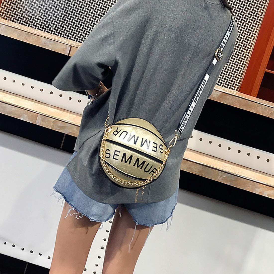 Basketball Shaped Shoulder Messenger Purse Bag Mini Tote Cross Body PU Handbag Adjustable Strap For Women Girls Men (Gold)