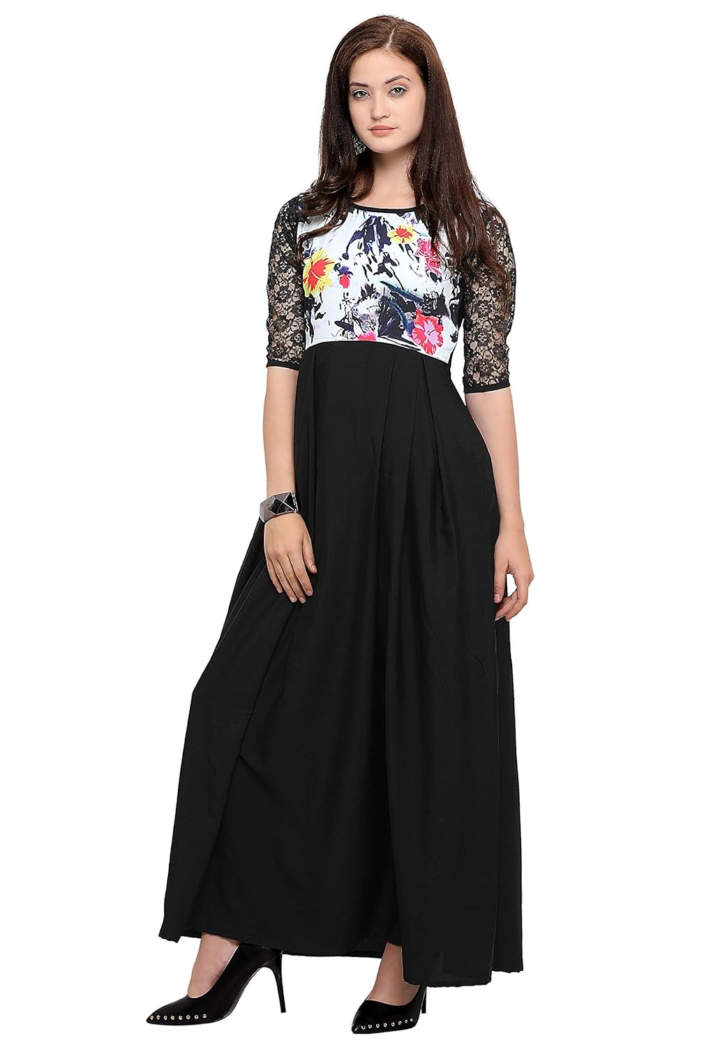 fashion2wear women black maxi digital printed stitched crepe gown