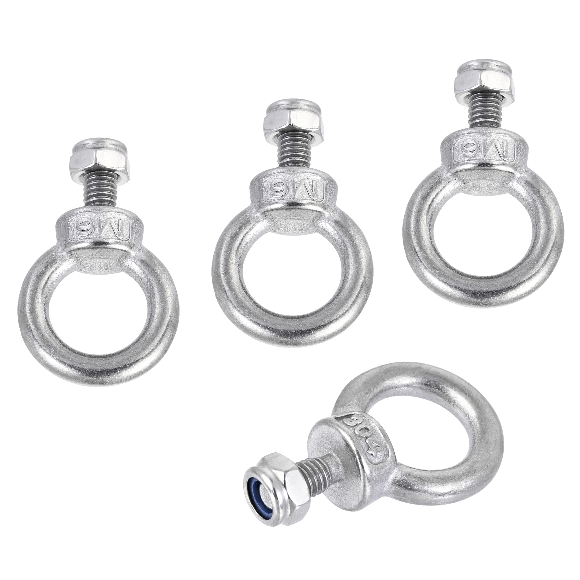 sourcing map Lifting Eye Bolt M6 x 12mm Male Thread with Hex Screw Nut for Hanging Securing Chain Wire Rope, 304 Stainless Steel, 4 Sets