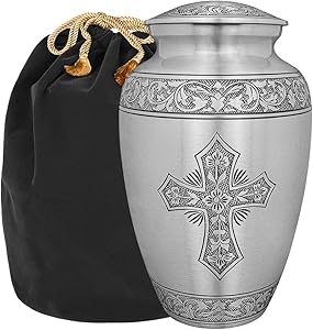Grace and Mercy Pewter Cross Adult Cremation Urn for Human Ashes - A Warm and Lovely Large Urn with a Hand Crafted Classy Finish to Honor Your Loved One - with Velvet Bag