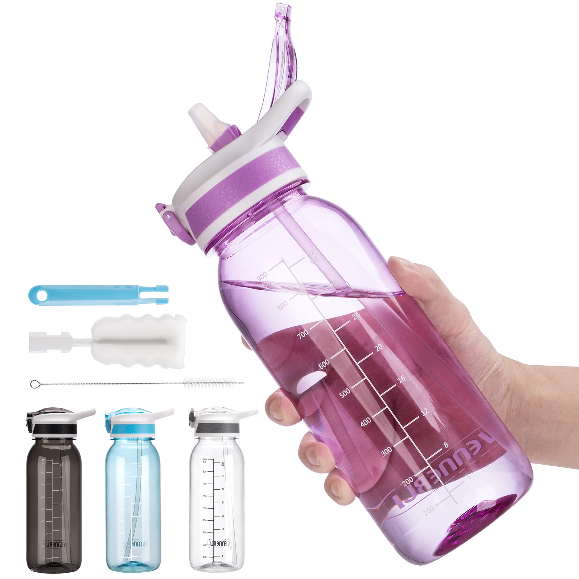 VENNERLI Water Bottle with Straw 1L 800ml BPA Free Reusable Tritan Tough Sports Water Bottle with Flip Straw Portable Leak Proof for Adults School Outdoor Work Gym 1litre (New-Purple, 1L)
