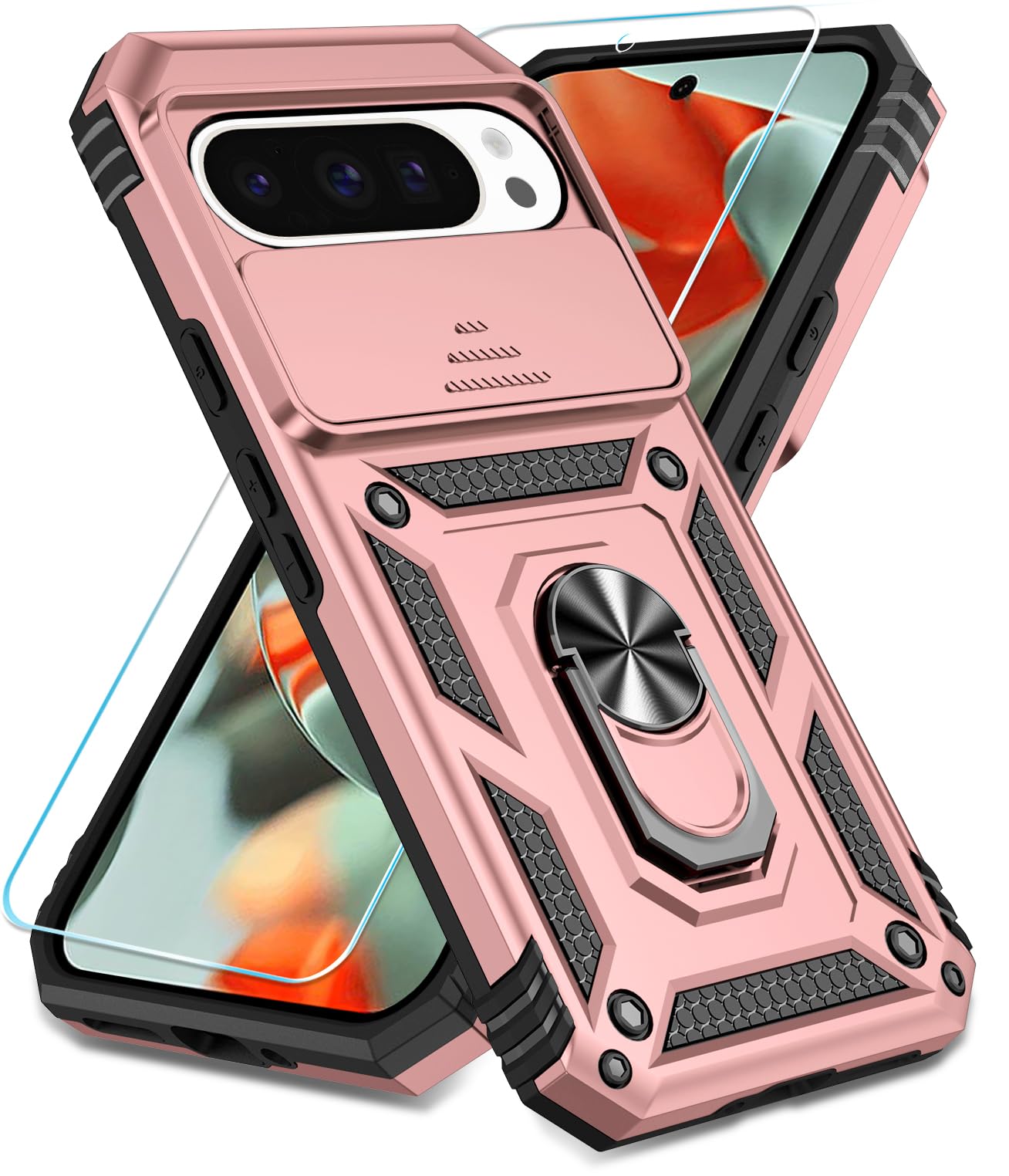 Photo 1 of SunStory Compatible with Google Pixel 9 Pro XL Case with HD Screen Protector & Slide Camera Cover & Rotated Ring Kickstand, [Military-Grade] Case for Pixel 9 Pro XL,Rose Gold