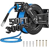 Relhost Retractable Air Hose Reel, 50 ft x 3/8 in Hybrid Air Hose Max 300PSI, Heavy Duty Air Compressor Hose Reel with Auto Rewind, Ceiling/Wall Mount for Garage, Workshop, Home Studio