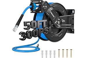 Relhost Retractable Air Hose Reel, 50 ft x 3/8 in Hybrid Air Hose Max 300PSI, Heavy Duty Air Compressor Hose Reel with Auto Rewind, Ceiling/Wall Mount for Garage, Workshop, Home Studio