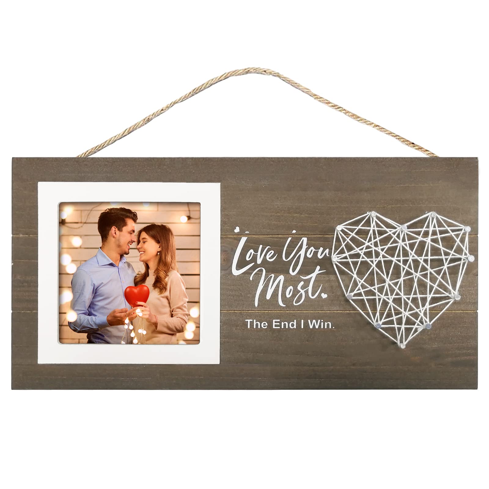 Romantic Picture Frame for Boyfriend Girlfriend Couples, ToyaJeco Love You Most The End I Win Wooden Photo Holder, Anniversary Love Gifts for Him Her (11.6 X 5.8 Inch)