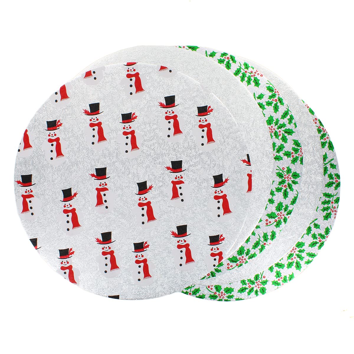 Culpitt Silver Selection Christmas Cake Boards, 10", Snowman and Holly Festive Themed, 3mm x 254mm - 5 Pack