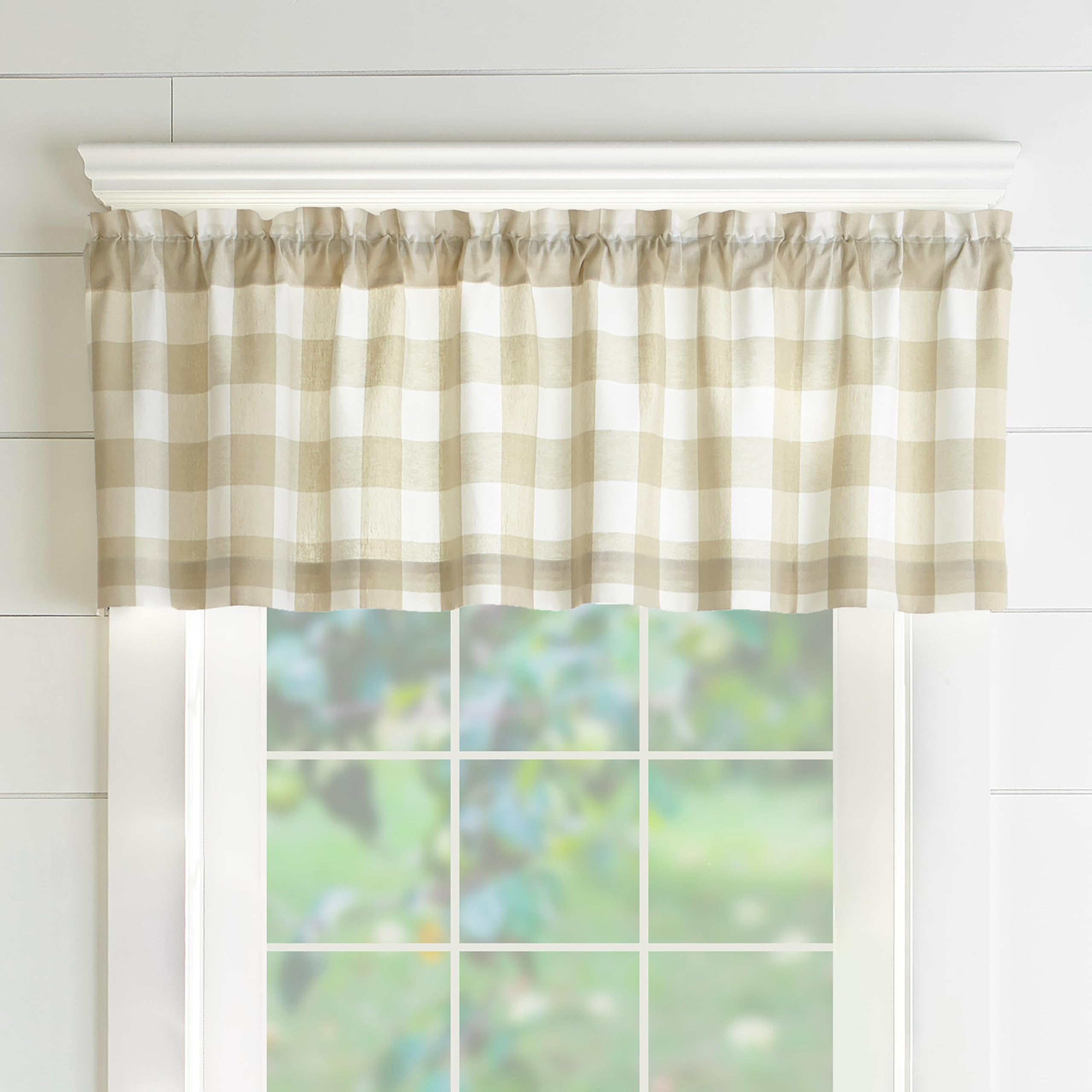 Elrene Home Fashions Farmhouse Living Buffalo Check Window Kitchen Valance, 60" x 15" (1, Tan/White