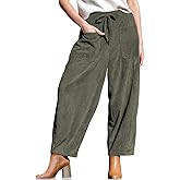 TARSE Women’s Corduroy Pants Baggy Wide Leg Pants Casual Elastic Waisted Palazzo Harem Pants with Pockets
