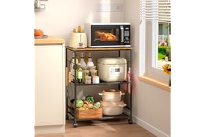 ThreeHio Rolling Kitchen Microwave Cart, 3 Tier Microwave Table Stand with Storage, Kitchen Utility Cart on Lockable Wheels, Small Coffee Cart Shelf Rack Organizer for Living Room Office, Balcony