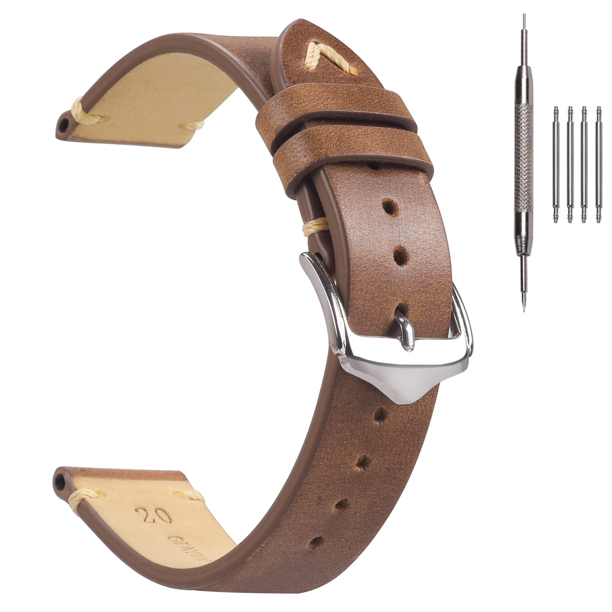 EACHE 18mm Leather Watch Straps for Men Women, Vintage 18mm Leather Watch Straps Oil Waxed Leather Oil Light Brown Color