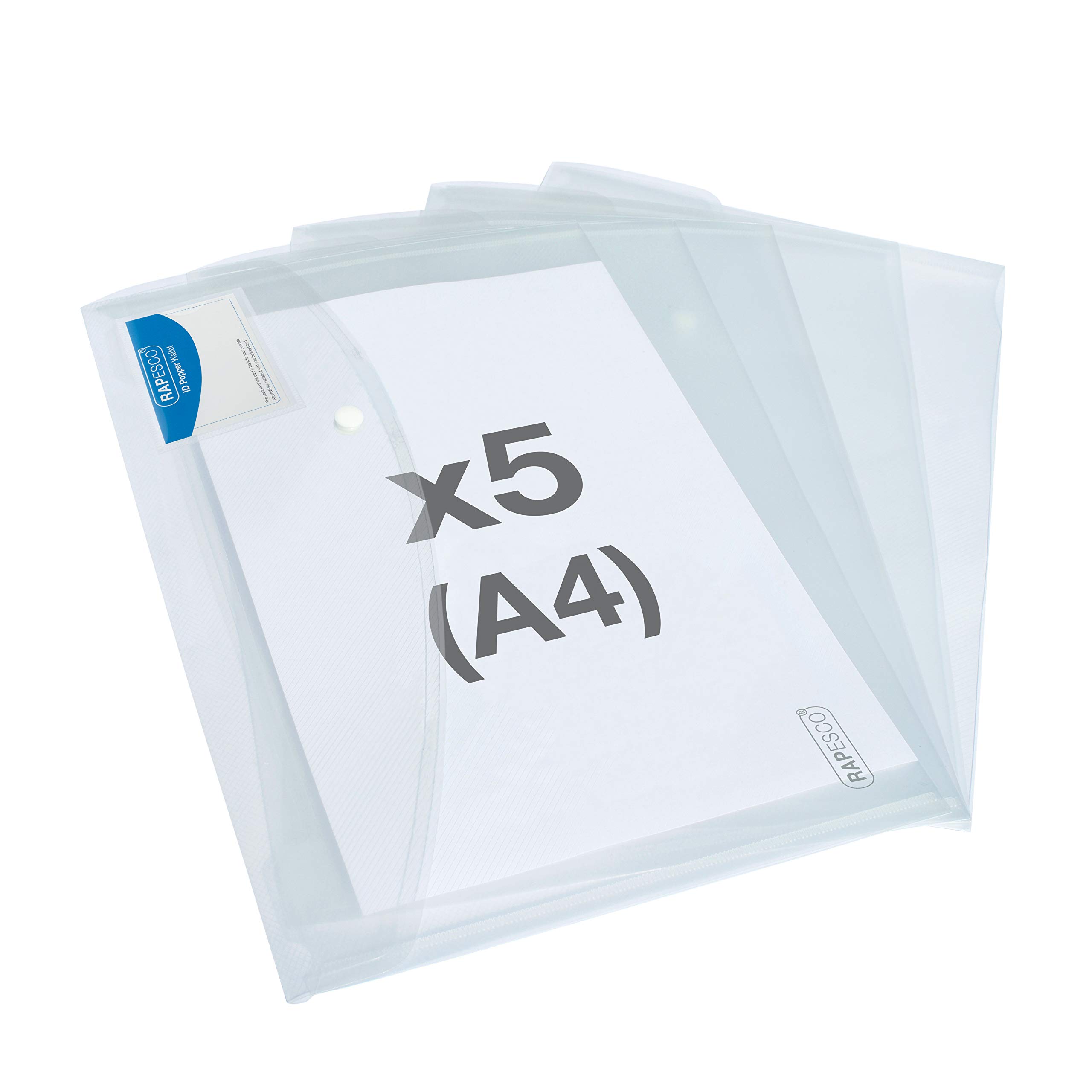 Rapesco 1629 ECO Recycled ID Popper Wallets, A4, Clear Transparent, Pack of 5