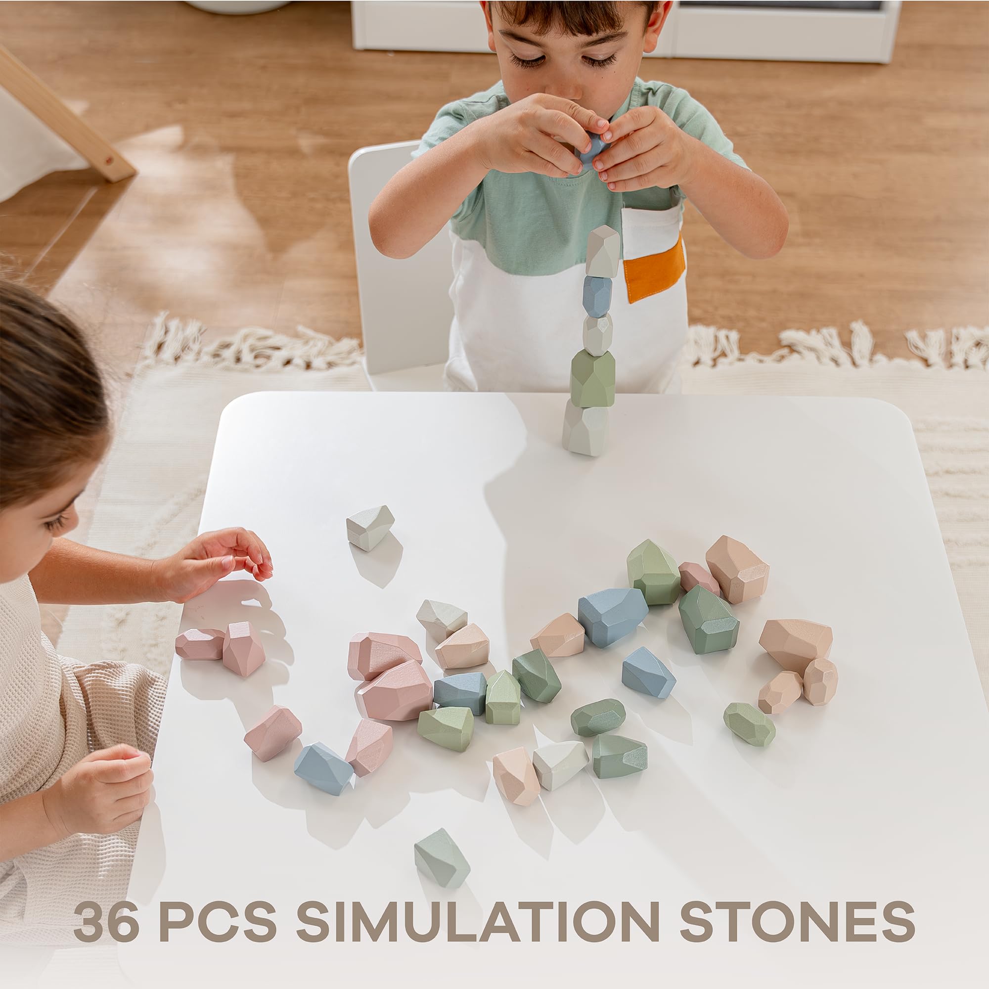 Comfy Cubs Stacking Rocks 36 Pieces, 36 Months+, Educational Toddler Stacking Blocks, Promotes Imagination, Balance & Fine Motor Skills - Wooden Rocks Sensory Toys Gift for Kid, Neutral Pack