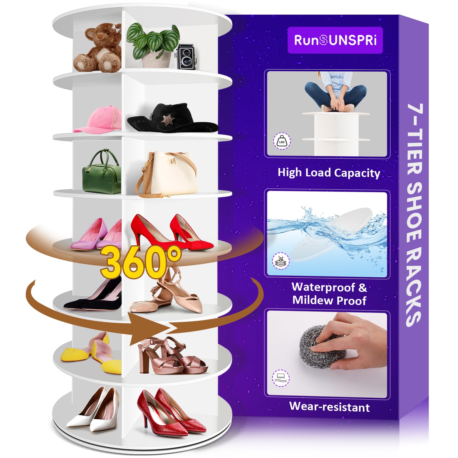 Photo 1 of RUNSUNSPRI 7 Tier Rotating Shoe Rack, 360° Revolving Free Standing Shoe Organizer, Multifunctional Storage Revolving Shoe Rack Tower, Spinning Shoe Display Lazy Susan (White)