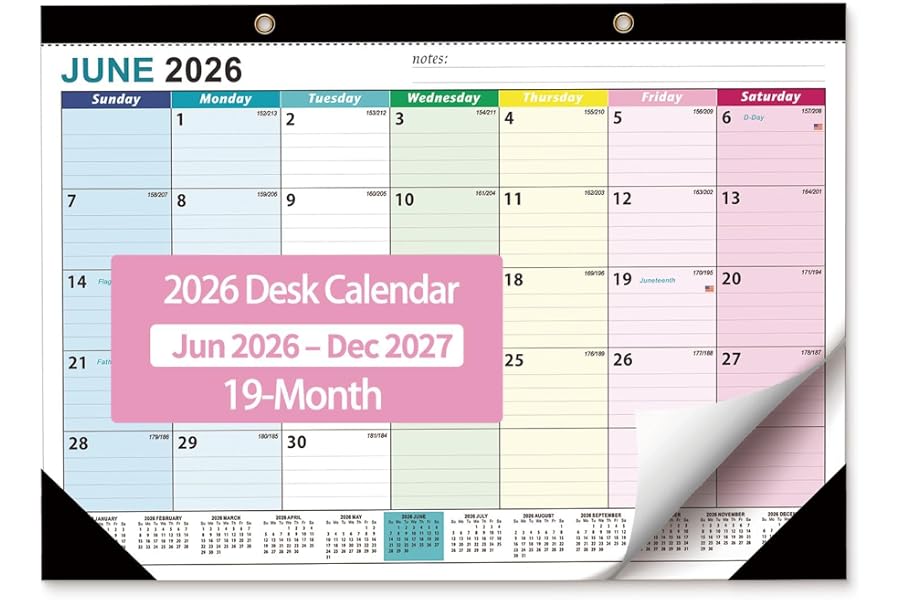 Desk Calendar 2026-2027 - Ougesi 19 Month Desk Top Calendar, 17x12'' | June 2026 - Dec 2027, Academic Desk Calendar with Thick Paper, Large Blocks for Home & Office (Colorful)