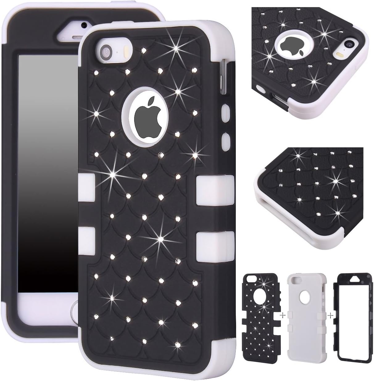 Majesticase Case Compatible with iPhone 5/5S Case - 3 Layers Diamante Bling Crystals Full Body Hybrid Armor Protection Cover + FREE Stylus in Black/White