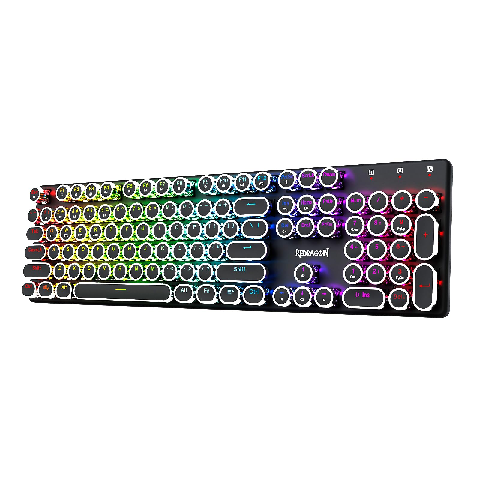 Photo 1 of Redragon Typewriter Keyboard Wireless, Mechanical Gaming Keyboard, Bluetooth/2.4Ghz/Wired, RGB LED Backlit, Rechargeable, Blue Switch - Clicky, Solid Metal Panel, Round Keycaps, Black