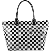Lushandy Checkered Tote Bag Women's PVC Tote Bag with Zipper Plastic Letters Print Hobo Handbag Checkered Purse for Work