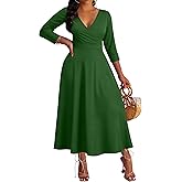FANDEE Women's Dresses Church Loose Fit V Neck Dress with 3/4 Sleeve and Belt Design Casual Long African Attire Dress