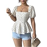 Verdusa Women's Polka Dots Ruffle Tie Back Dressy Blouses Elegant Puff Sleeve Shirred Peplum Tops