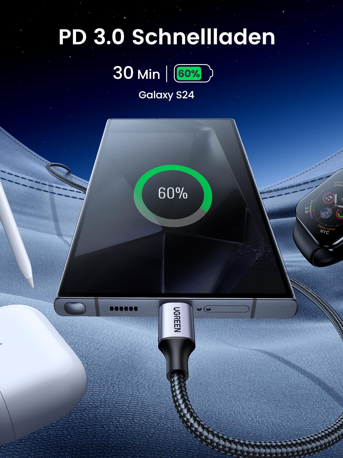 UGREEN USB C auf USB C Kabel 60W PD 3.0, PPS USB-C Ladekabel kompatibel mit iPhone 17 Pro Max,iPhone Air, iPhone 16 15 Pro Max, Galaxy S25 S24 MacBook Air M2 iPad Pro, Air 5/Mini, Pixel 9 usw. (1M) 2
