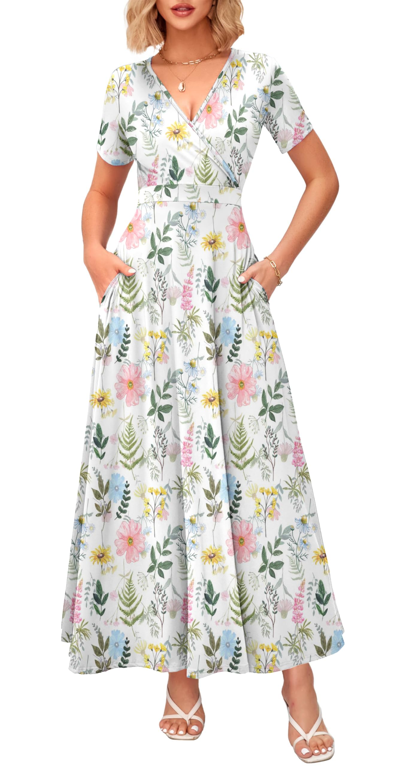 WNEEDU Women's Summer Maxi Dress Short Sleeves Wrap V Neck Long Dresses with Pockets(Cluster Flower,3XL) Image