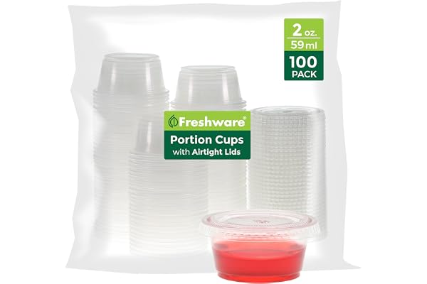 Freshware Plastic Portion Cups with Lids [2 Ounce, 100 Sets] Disposable Plastic Cups for Meal Prep, Salad Dressing, Jellos Shot Cups, Souffle Cups, Condiment and Dipping Sauce Cups