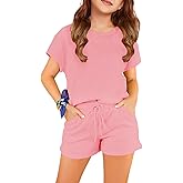 Haloumoning Girls 2 Piece Outfits Short Sleeve T Shirt and Drawstring Shorts Summer Clothing Sets