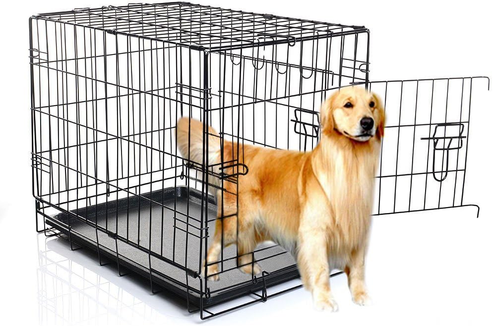 Masione® Double-Door Folding Metal Pet Crate for Dogs, Cats, Rabbits with ABS Tray Black-Various Sizes (30'')