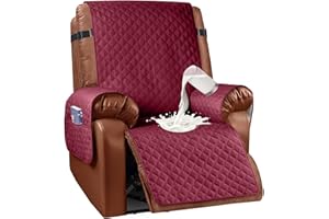 Granbest Waterproof Recliner Chair Cover with Pockets, Non-Slip Recliner Slipcover, Washable Reclining Chair Cover with Elastic Straps,Furniture Protector for Pets (Recliner, WineRed)