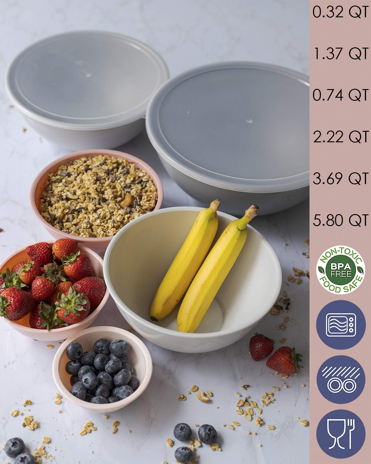 Cook with Color Mixing Bowls with Lids - 12 Piece Plastic Nesting Bowls Set includes 6 Prep Bowls and 6 Lids, Microwave Safe Mixing Bowl Set (Pink Ombre): Kitchen & Dining