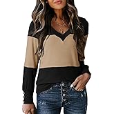 Dokotoo Women's Color Block V Neck Tunic Tops Long Sleeve Casual Loose Button Cuffs Blouse