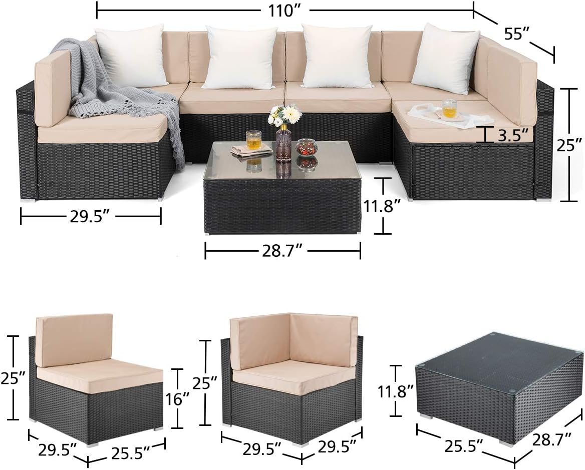 PAMAPIC 7 Pieces Patio Furniture，Outdoor Rattan Sectional Sofa Conversation Set with Tea Table and Washable Cushions, Beige: Garden & Outdoor