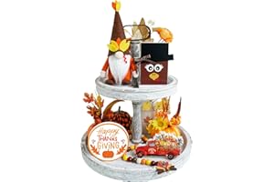 KNOMEKO Thanksgiving Tiered Tray Decor, Fall Turkey Gnome Plush, 3X Give Thanks Wood Signs, Turkey Wood Bead Garland Fall Farmhouse Kitchen Table Decor Thanksgiving Decorations