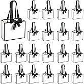 Lemecima 50 PCS Small White Black Gift Bags with Handles, 6.4×3.1×5.1 Inch Thank You Bags with Bow Ribbon for Baby Shower, Bridal Shower, Wedding, Party Favors, Thanksgiving, Christmas