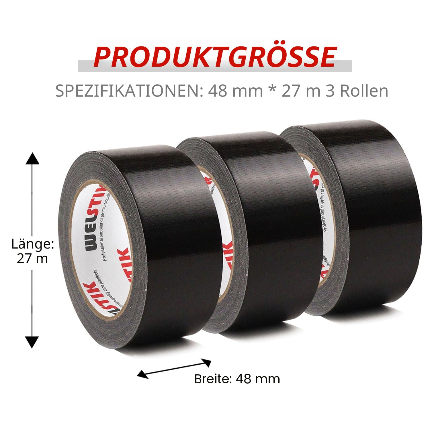 WELSTIK Professionelles Klebeband, 48 mm x 27 m, wasserdicht, für Reparaturen, Heimwerker, Handwerk, Innen- und Außenbereich, panzertape Schwarz, 3 Stück 2