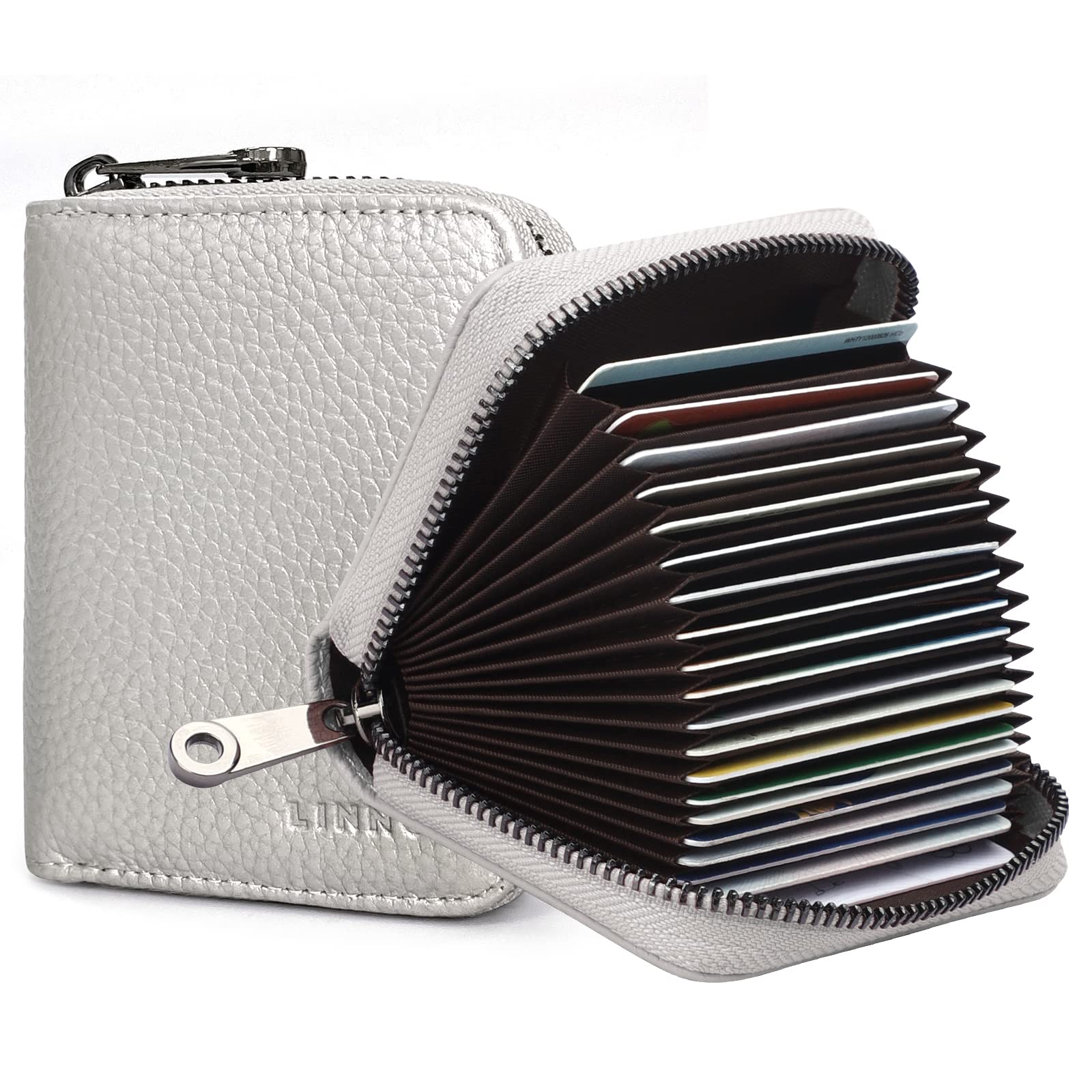 Goopai RFID 20 Card Slots Credit Card Holder Genuine Leather Accordion Card Case Small Wallet for Women or Men with Zipper (Silver)