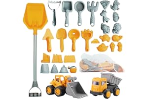 IOKUKI Long Shovel Sand Beach Toys with Big Excavator Toy, Dump Truck Toy, Construction Toys, Sand Castle Toys for Beach, Beach Rakes, Molds, Mesh Beach Bag for Kids, Toddlers, Boys & Girls (31 PCS)