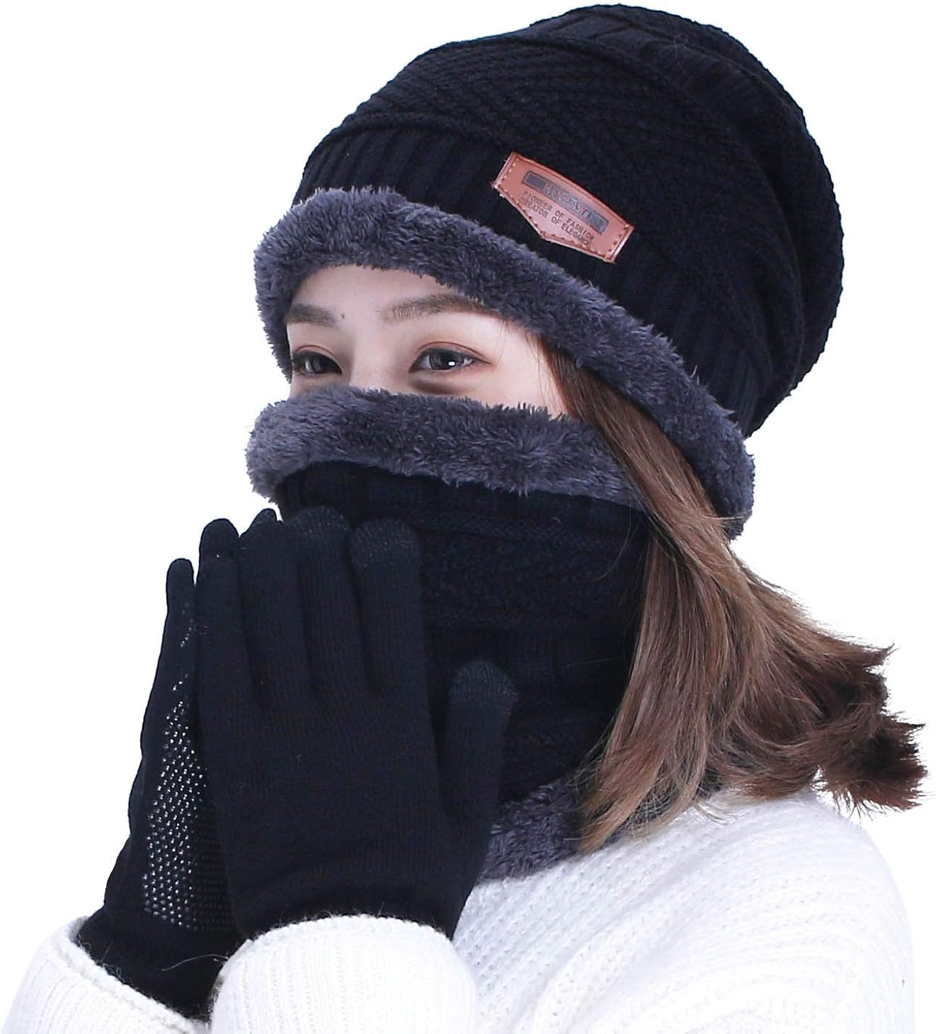 HINDAWI Black Slouchy Beanie Scarf Gloves Set for Women Warm Skull Cap Scarves Touch Screen Mittens: Clothing