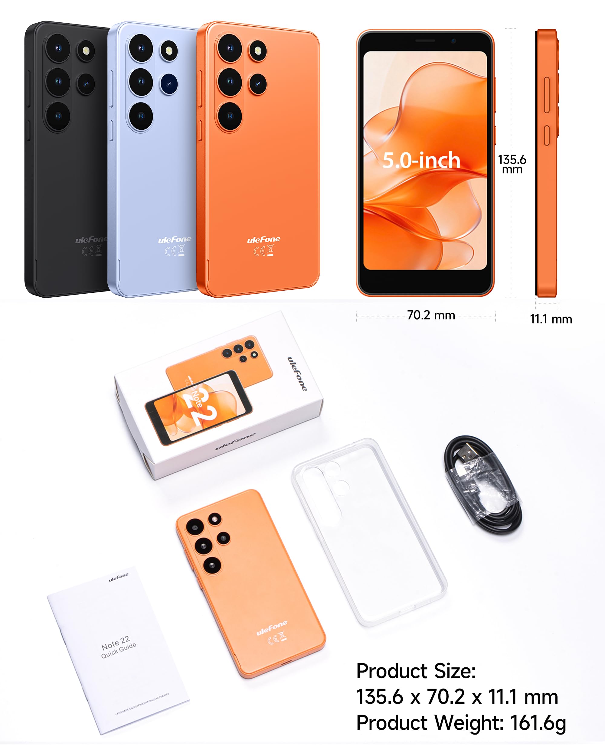 Ulefone Note 22 Handy Ohne Vertrag Android 16 Go, 20GB RAM+32GB ROM/SD-2TB, 3000mAh Austauschbarer Akku, Mini 5.0" Octa Core Smartphone DREI Kartenfächer Dual SIM 4G/Face ID/GPS/OTG/FM Orange 9