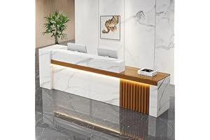 Nuipesn Reception Desk with Shelf & Lockable Drawers - Front Desk Reception Counter (Wood Grain + White Marble, 55" L*24" W*39" H)