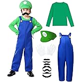ELEGAWHISPR Halloween Costume Kids Plumber Jumpsuit with Hat Gloves Moustache Costume Accessories Set