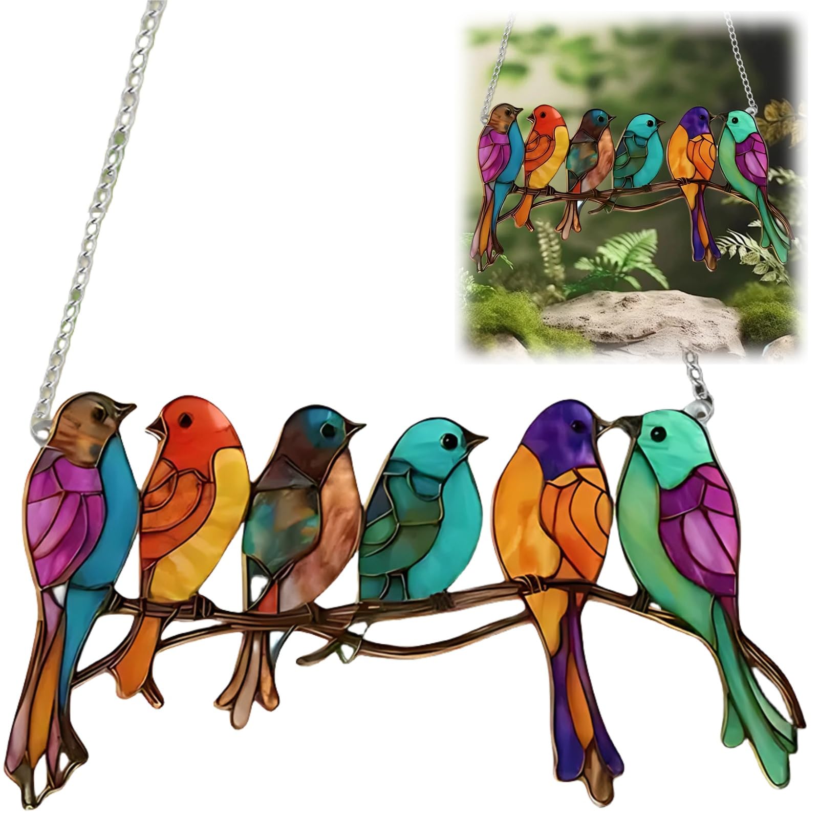 Siyinzu Garden Suncatcher Birds Ornaments, Multicolor Glass Birds on Branches Stained Glass Window Hangings for Home Garden Decorations